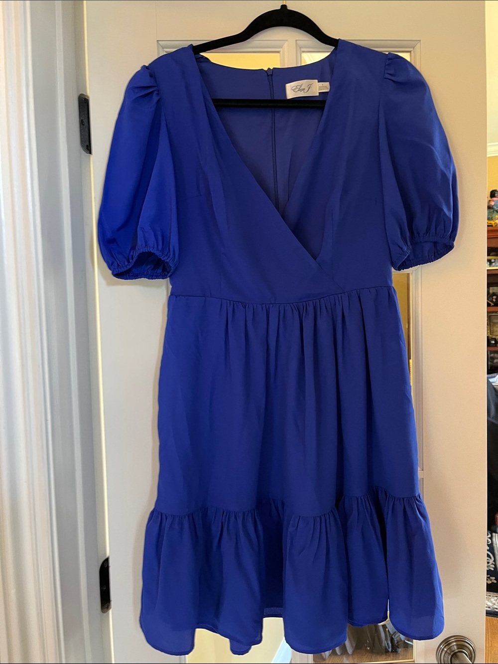 Eliza J Royal Blue Puff-Sleeve Tiered V-Neck Dress